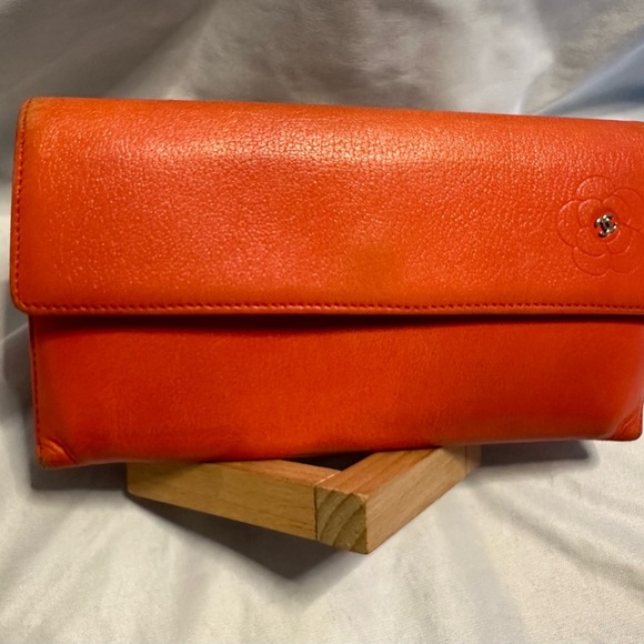 Chanel Coral Leather Camellia CC Flap long Wallet with box/cards/black cloth. - Picture 1 of 12